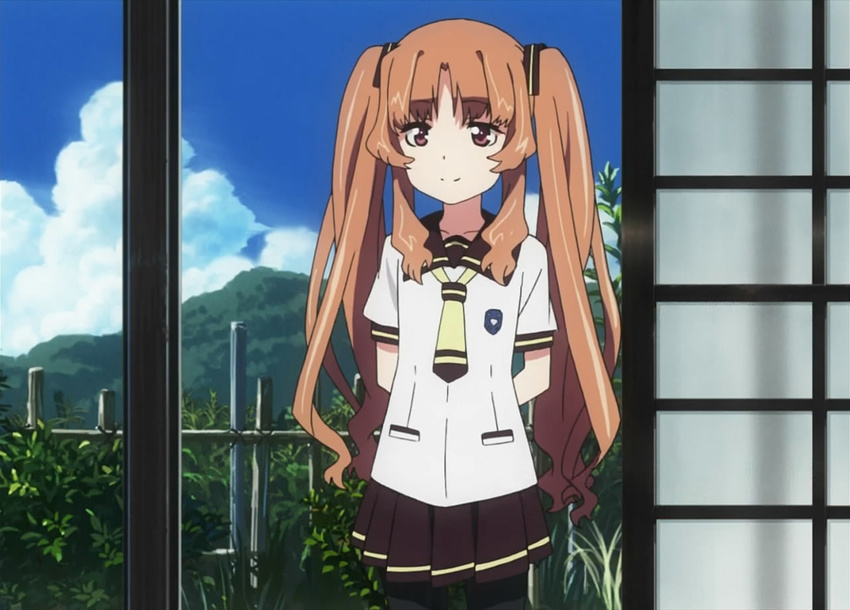 ano_natsu_de_matteru brown_eyes brown_hair clouds exterior_interior fence foyer hands_on_back looking_inside mountains plants pleated_skirt school_uniform screen_capture sky sliding_door smile trees twin_tail yamano_remon