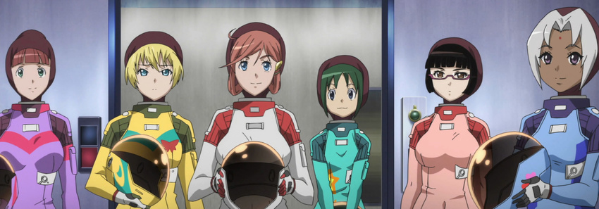 blonde brown_hair butterfly_motif buttons entry_way face_shield gloves green_hair helmets interior katou_marika kurihara_chiaki light_blue_hair looking_at_viewer megane mouretsu_pirates screen_capture space_suits