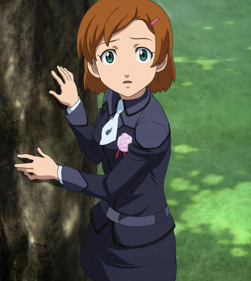 brown_hair carnation grass green_eyes gundam_age hair_clips looking_at_viewer romary_stone screen_capture surprised tie_clip tree uniform