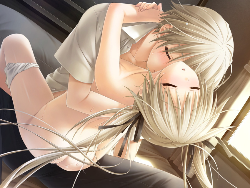 blush dutch_angle game_cg hair_ribbon hashimoto_takashi high_res hug incest kasugano_haruka kasugano_sora leg_lock long_hair looking_up nopan nude panties_around_one_leg pantsu panty_pull pussy_juice ribbon sex short_hair silver_eyes silver_hair sitting smelling sweat twin_tails upright_straddle very_long_hair yosuga_no_sora