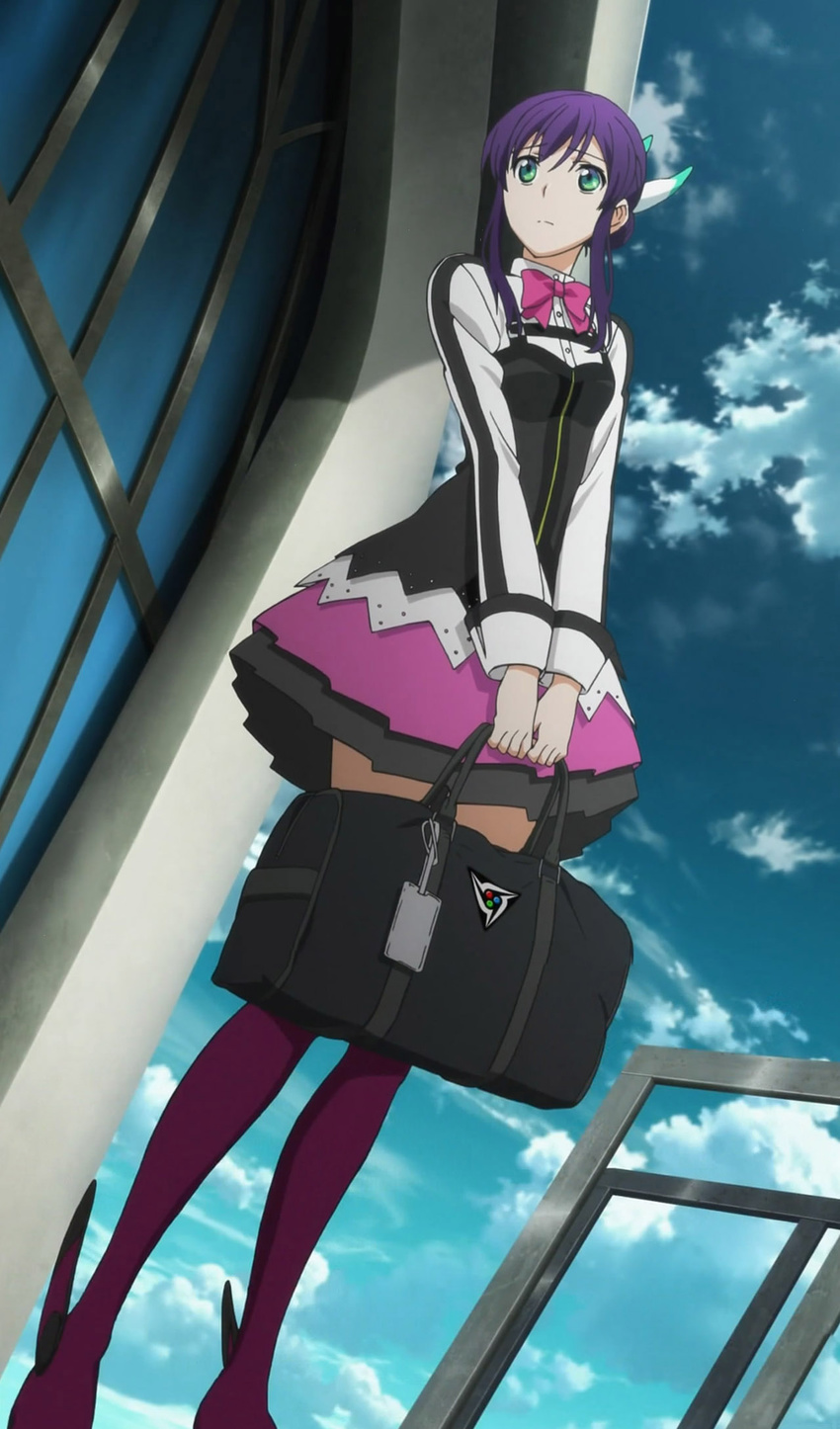 aquarion_evol bag_tag bowtie building_fa&ccedil;ade clouds exterior green_eyes hair_decoration insignia layered_skirt mikono_suzushiro purple purple_hair school_bag screen_capture sky sousei_no_aquarion wing_attachments zettai_ryouiki