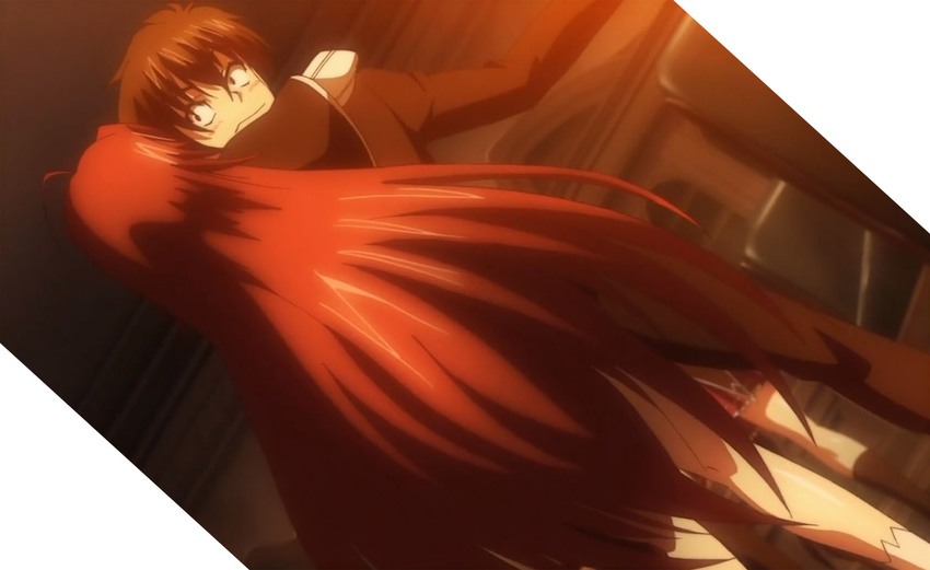 ahoge embrace highschool_dxd hug hyoudou_issei interior long_red_hair rias_gremory screen_capture surprised