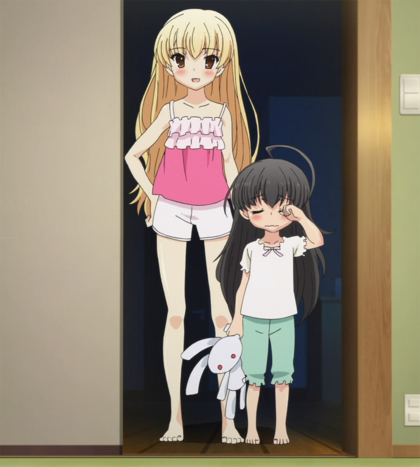 ahoge bare_feet blonde brown_eyes brown_hair bunny_plush doorway electrical_plus hand_on_hip long_hair looking_at_viewer papa_no_iu_koto_wo_kikinasai! pyjama screen_capture shorts sleepy takanashi_hina takanashi_miu