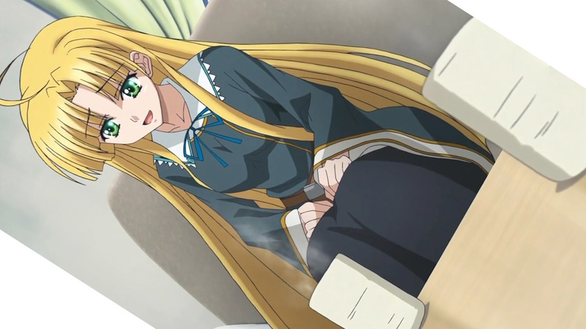 asia_argento blush green_eyes hands_on_lap happy highschool_dxd long_blonde_hair screen_capture seated table tea