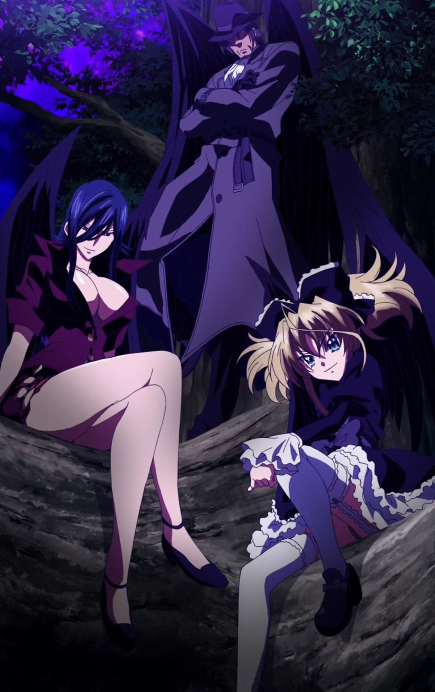 1_male 2_females 3_demons arms_crossed blue_eyes bows cleavage crossed_legs garter_belt highschool_dxd looking_at_adversaries miniskirt night oppai purple_blouse ruffled_skirt screen_capture sitting tree trench_coat wings zettai_ryouiki