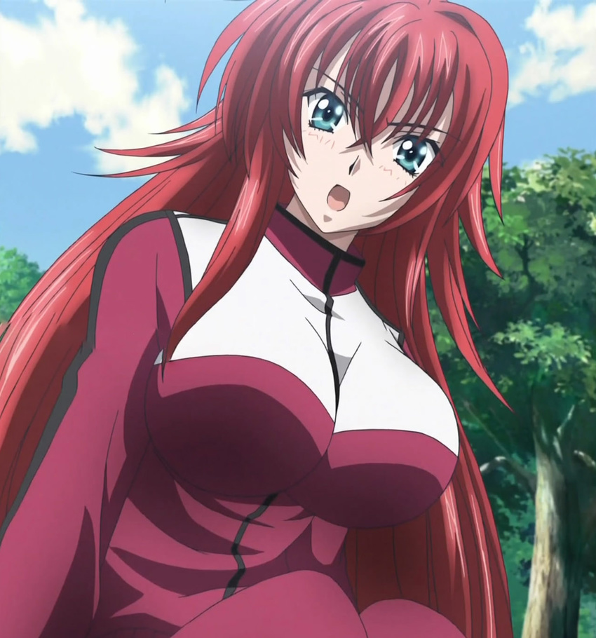 clouds exterior highschool_dxd long_red_hair looking_down rias_gremory screen_capture sky trees workout_sweats