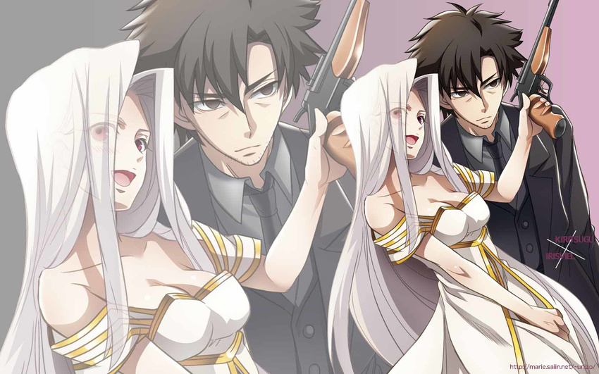 black_hair character_name couple dress emiya_kiritsugu facial_hair fate/zero fate_(series) formal gun handgun hetero highres husband_and_wife irisviel_von_einzbern long_hair necktie red_eyes stubble suit thompson/center_contender trench_coat unizo weapon white_hair zoom_layer