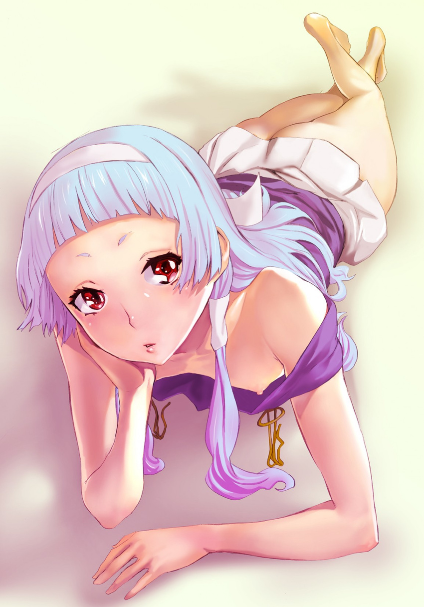 1girl blue_hair budding_breasts cleavage erect_nipples female hair_ribbon hair_tubes hairband hanging_breasts hime_cut kannagi long_hair looking_at_viewer lying nagi-sama no_bra no_pants open_mouth oshiri pettanko posterior_cleavage pov_eye_contact red_eyes ribbon small_breasts small_nipples