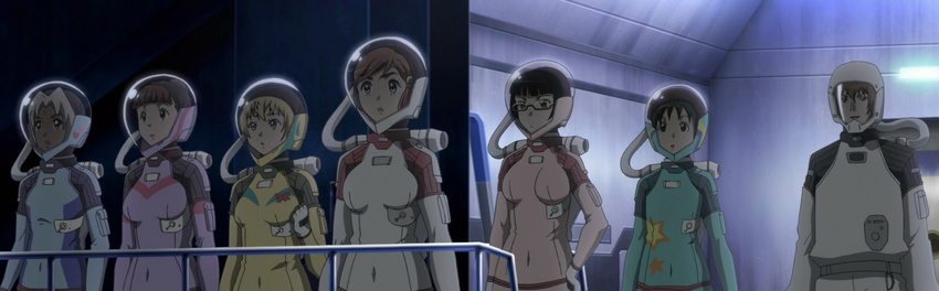 crew formation katou_marika kurihara_chiaki mouretsu_pirates prepping_for_space_walk screen_capture space_suites spacecraft_interior