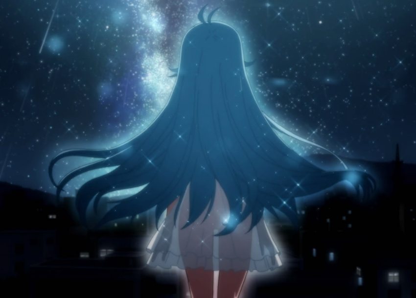 blue_hair city_scape denpa_onna_to_seishun_otoko horizon lights long_hair meteor_shower milky_way night_sky outline screen_capture stars touwa_erio transparent_clothing