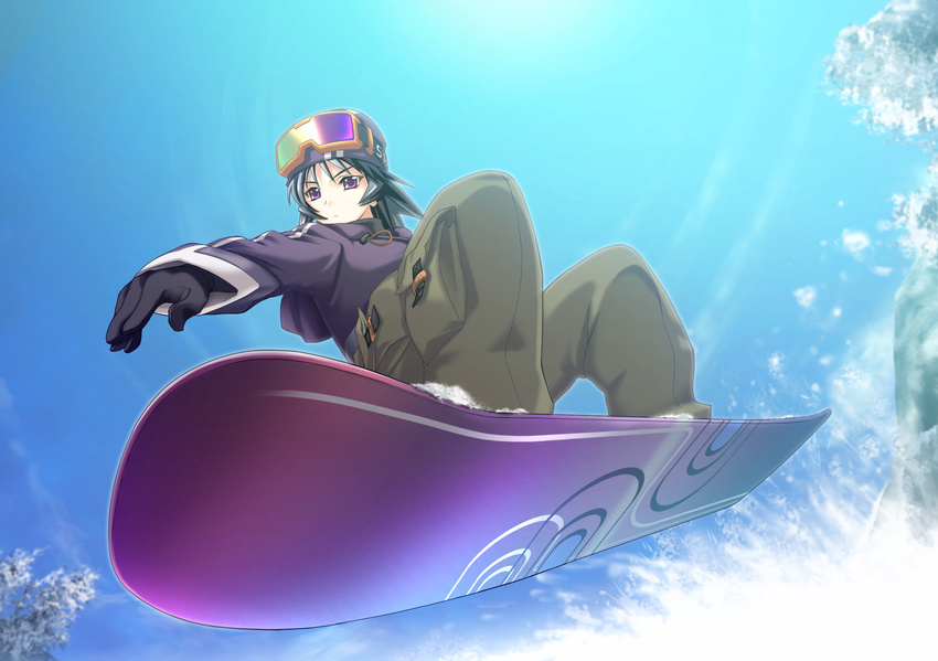 ayamine_kei black_hair game_cg gloves goggles hat high_res muvluv purple_eyes short_hair snow snowboard winter_clothes