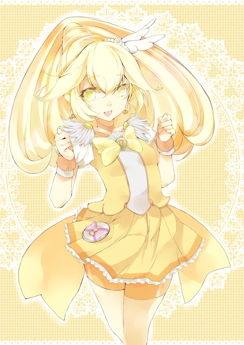 arms_up atoshi blonde_hair bow brooch cure_peace green_eyes hair_flaps hair_ornament highres jewelry kise_yayoi long_hair magical_girl open_mouth precure shorts shorts_under_skirt skirt smile smile_precure! solo wide_ponytail wrist_cuffs yellow yellow_bow yellow_shorts yellow_skirt