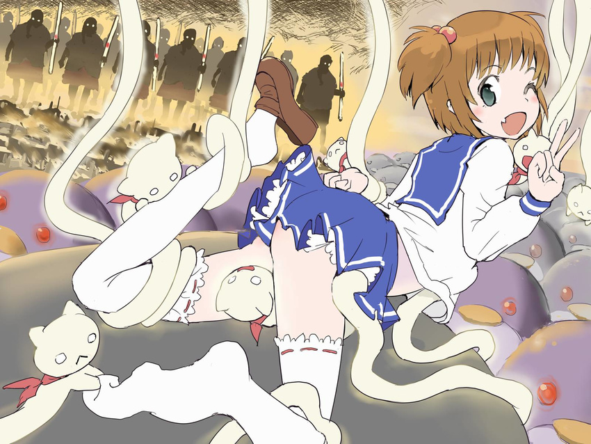back blouse blush bound bound_arms bound_hands bound_legs bound_wrists brown_hair cat city fang giant green_eyes kataoka_yuuki looking_back miniskirt monster nausicaa_of_the_valley_of_the_wind open_mouth oshiri penguin restrained ruins saki school_uniform serafuku shirt shoes short_twintails skirt skirt_lift smile studio_ghibli tentacles thighhighs twin_tails v white_thighhighs wink