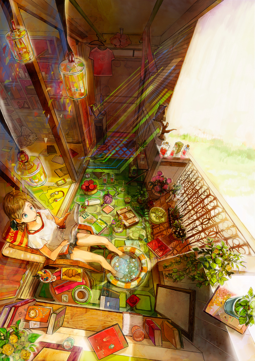 apple baguette balcony barefoot basin bird black_tea blue_eyes book bookshelf bottle bread brown_hair chair clothes_hanger croissant cup digital_media_player floor flower food from_above fruit hair_ribbon headphones highres holding holding_book ice juice lamp neyagi open_door open_mouth original owl pillar plant potted_plant reading ribbon room rose shadow shirt sitting skirt sliding_doors soaking_feet solo strap sunlight t-shirt tea teacup water