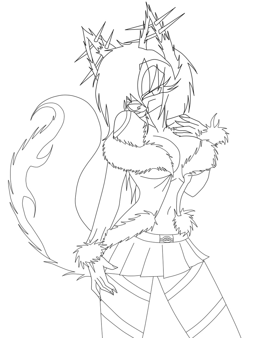 anthro black_and_white canine dante_(artist) ear_piercing female fox inviting line_art looking_at_viewer mammal monochrome piercing pinup pose skirt solo