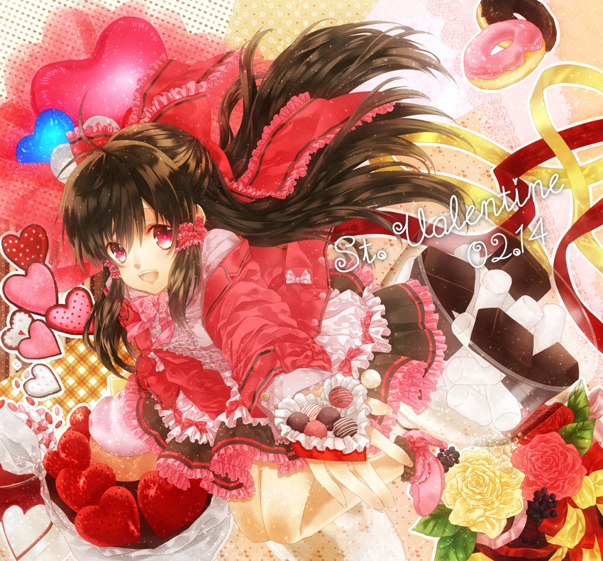 alternate_costume bad_id bad_pixiv_id bow box box_of_chocolates brown_hair cake chocolate doughnut flower food frills fruit hair_bow hair_tubes hakurei_reimu heart heart-shaped_box heart-shaped_food high_heels highres kujaku_renka long_hair open_box open_gift open_mouth outstretched_hand red_eyes rose shoes sidelocks skirt solo strawberry too_many too_many_frills touhou valentine