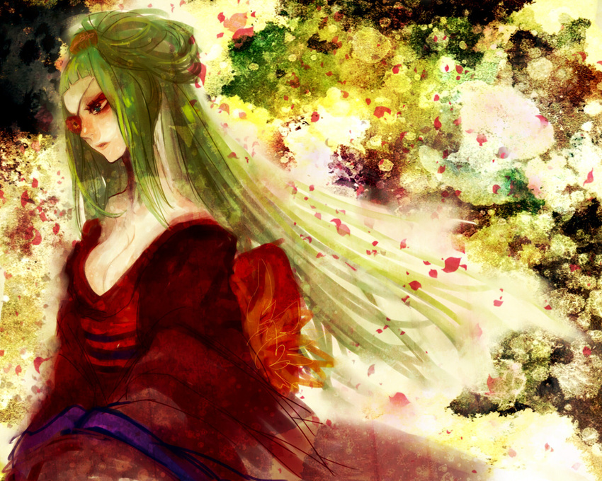cleavage czc_(deko) eyepatch green_hair hatsune_miku japanese_clothes kimono long_hair petals vocaloid