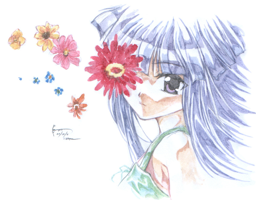 blue_hair dated face flower furude_rika higurashi_no_naku_koro_ni nick-ian one-eyed signature solo traditional_media