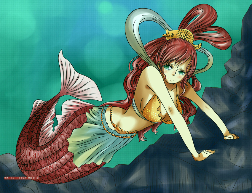 against_wall bikini_top blush fish_tail green_eyes hair_ornament long_hair mermaid monster_girl one_piece red_hair shirahoshi sideboob troubled troubled_expression underwater very_long_hair