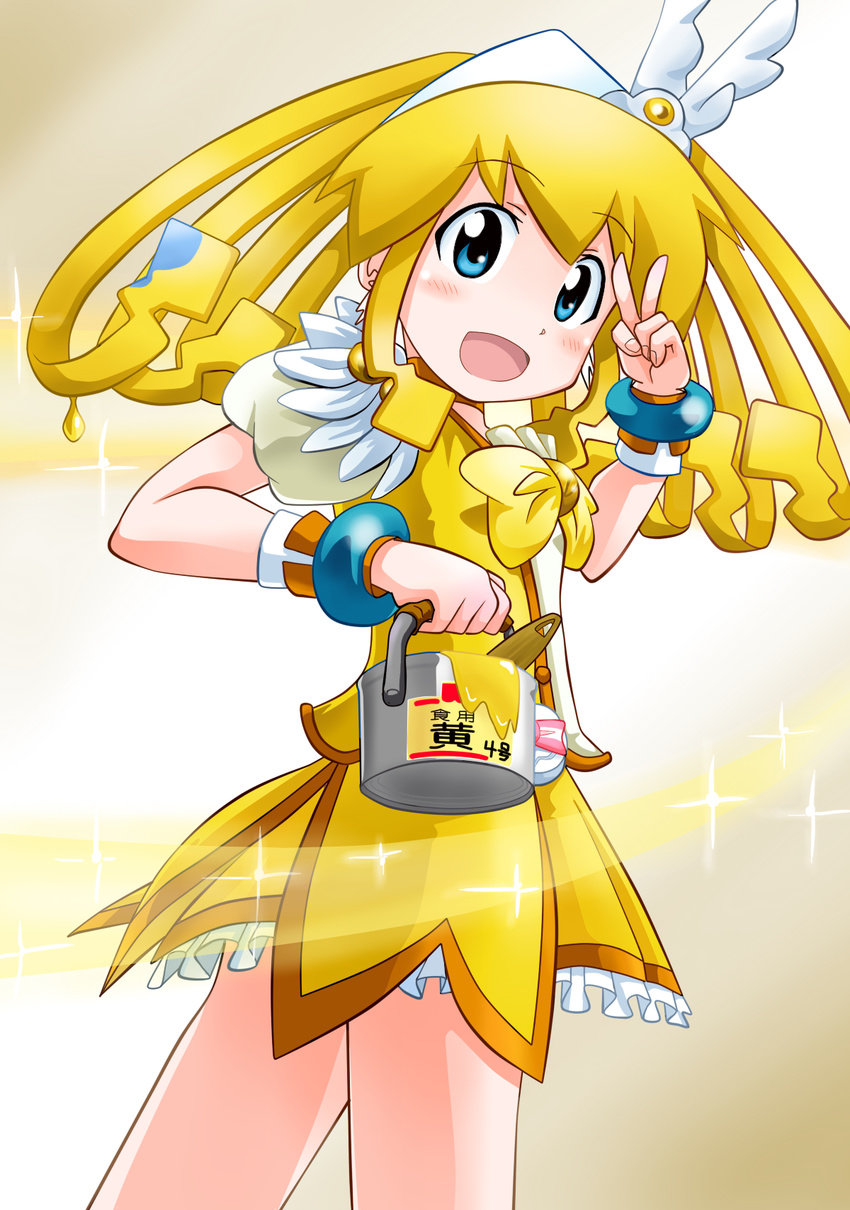 alternate_hair_color blue_eyes bow bucket cosplay cure_peace cure_peace_(cosplay) highres ikamusume kanemoto_hisako paint precure rokushaku_neko seiyuu_connection shinryaku!_ikamusume skirt smile_precure! solo tentacle_hair tiara v yellow yellow_bow yellow_skirt