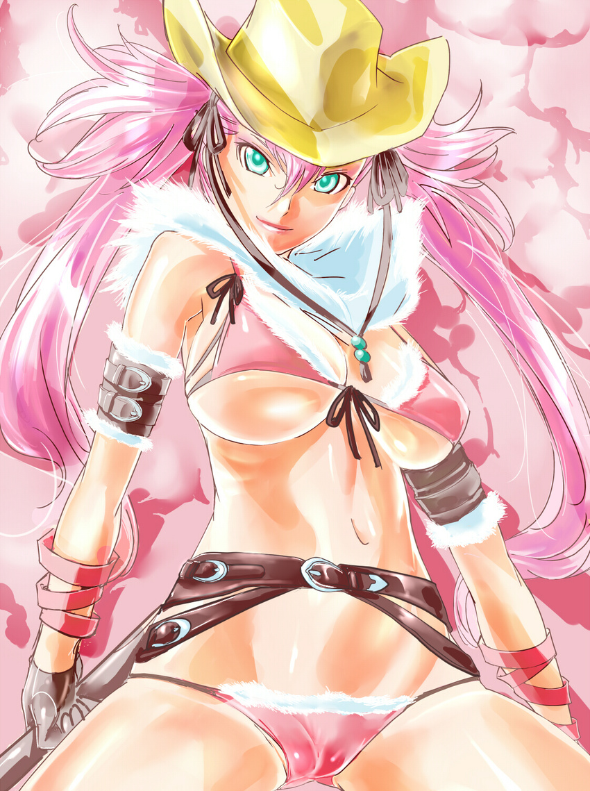 bad_id bad_pixiv_id belt bikini breasts cameltoe cleavage cowboy_hat dodai_shouji front-tie_top green_eyes hat highres kagura_(oneechanbara) large_breasts lips long_hair lowleg lowleg_bikini navel oneechanbara pink_hair ribs smirk solo swimsuit underboob