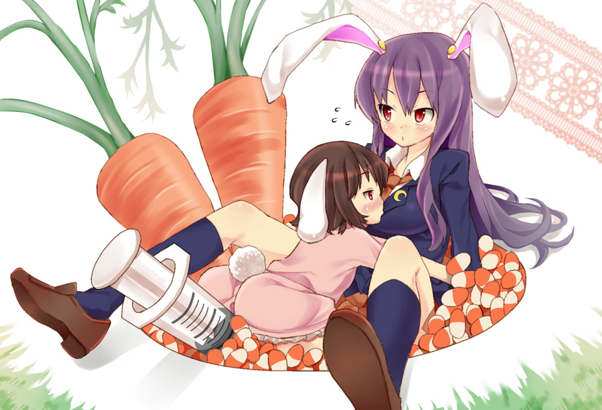 animal_ears blazer blue_legwear blush brown_hair bunny_ears bunny_tail carrot crescent dress_shirt flying_sweatdrops inaba_tewi jacket kneehighs large_syringe loafers long_hair minigirl multiple_girls necktie niji_sugi oversized_object pill purple_hair reisen_udongein_inaba shirt shoes short_hair syringe tail touhou very_long_hair yuri