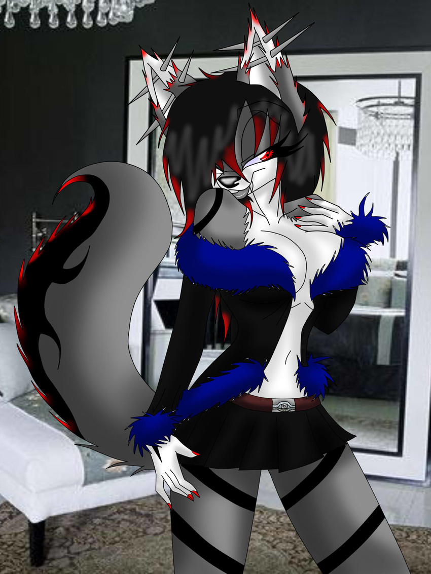 anthro black_hair breasts canine chandelier cleavage clothed clothing dante_(artist) ear_piercing female fox hair inviting looking_at_viewer mammal mirror photo_background piercing pinup pose red_eyes red_hair skirt solo two_tone_hair