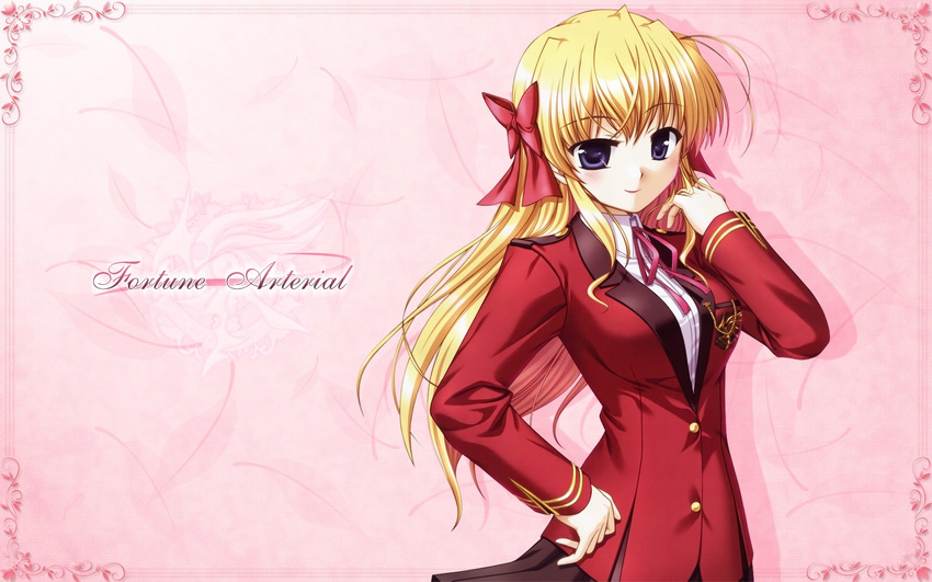 bekkankou blonde_hair copyright_name fortune_arterial hair_ribbon highres long_hair looking_at_viewer purple_eyes ribbon school_uniform sendou_erika shirt shuuchikan_academy_uniform skirt solo wallpaper