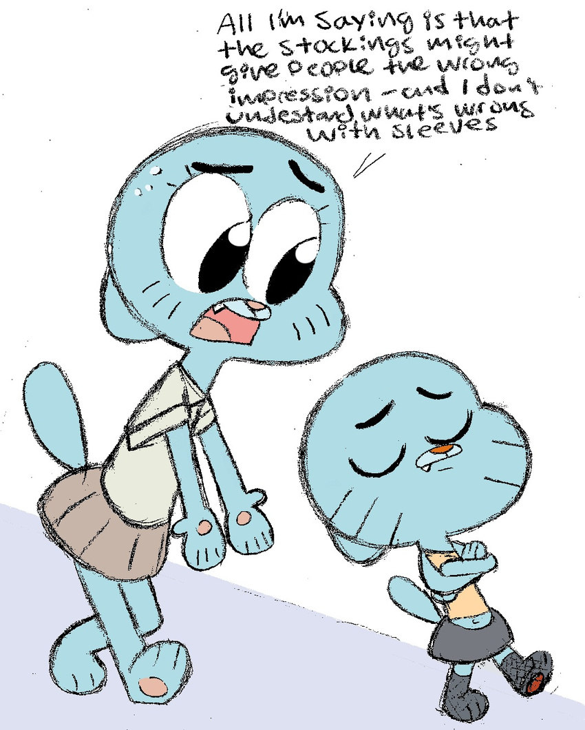 clothed clothing crossdressing crossed_arms dialog dialogue duo english_text feline female girly gumball_watterson legwear male mammal midriff navel nicole_watterson plain_background plain_backround shy skirt stockings text the_amazing_world_of_gumball unknown_artist