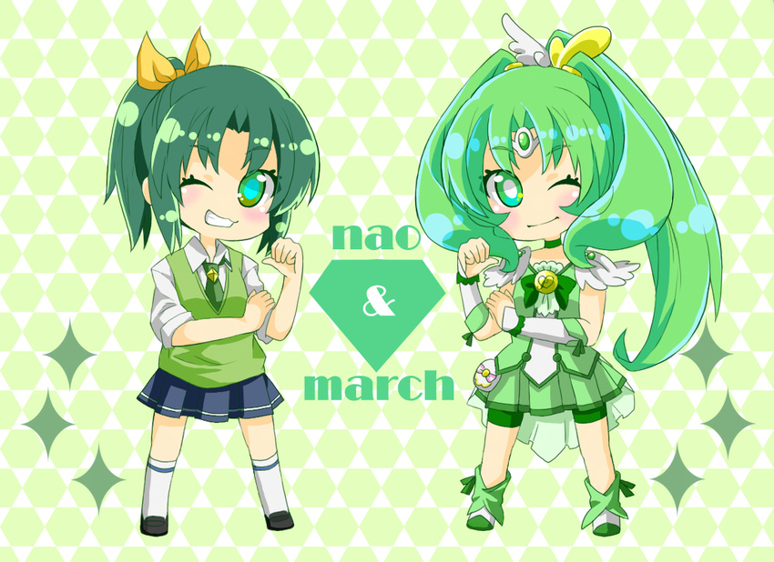 bad_id bad_pixiv_id boots bow bowtie character_name chibi choker cure_march diamond dress dual_persona green_hair kneehighs long_hair midorikawa_nao multiple_girls necktie one_eye_closed ponytail precure ribbon school_uniform skirt sleeves_rolled_up smile smile_precure! sweater_vest tri_tails