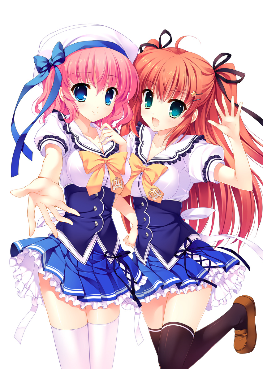 :d absurdres aqua_eyes black_legwear blue_eyes bow breasts cleavage hair_ornament hair_ribbon hairclip hat highres himezono_risa leg_lift loafers long_hair looking_at_viewer medium_breasts mitha multiple_girls open_mouth orange_hair outstretched_hand pink_hair ribbon school_uniform shoes short_hair simple_background smile standing standing_on_one_leg takasaki_honoka thighhighs twintails two_side_up waving white_background white_legwear yuyukana zettai_ryouiki