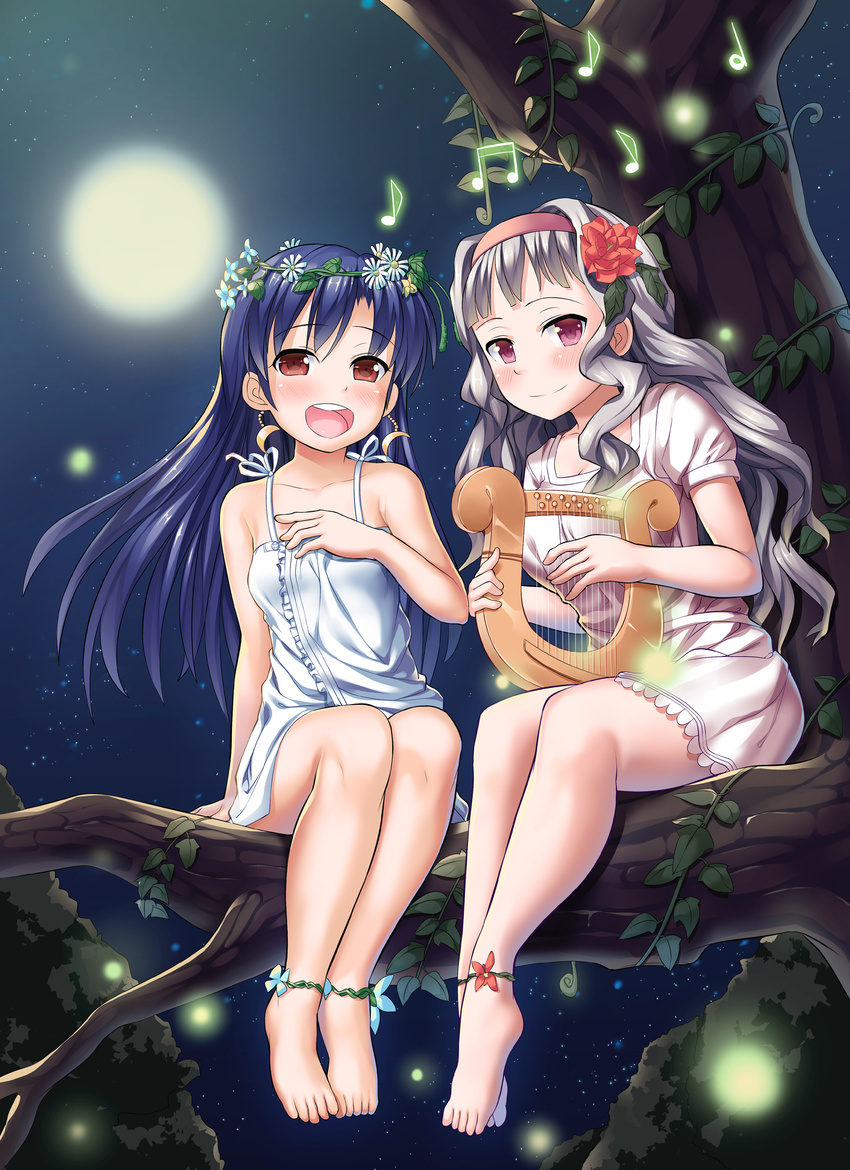 anklet bare_shoulders barefoot blue_hair brown_eyes dress earrings feet fireflies flower hair_flower hair_ornament hairband harp head_wreath highres idolmaster idolmaster_(classic) in_tree instrument jewelry kisaragi_chihaya lyre moon multiple_girls musical_note night open_mouth purple_eyes shijou_takane silver_hair sitting sitting_in_tree sky smile star_(sky) starry_sky takasaka_donten tree