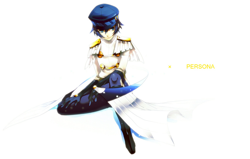 androgynous bad_id bad_pixiv_id blue_eyes blue_hair boots cabbie_hat cosplay crossdressing epaulettes formal fusuma_(not_found) gloves hat highres looking_away pants persona persona_4 reverse_trap shirogane_naoto short_hair sitting smile solo yamato_takeru_(persona) yamato_takeru_(persona)_(cosplay)
