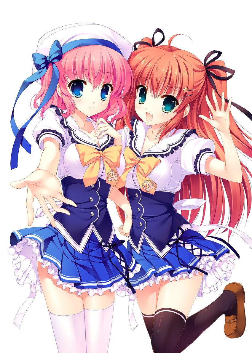 2girls :d absurdres aqua_eyes black_legwear blue_eyes bow breasts cleavage hair_ornament hair_ribbon hairclip hat highres himezono_risa leg_lift loafers long_hair looking_at_viewer mitha multiple_girls open_mouth orange_hair outstretched_hand pink_hair ribbon school_uniform shoes short_hair simple_background smile standing_on_one_leg takasaki_honoka thighhighs twintails two_side_up waving white_background white_legwear yuyukana zettai_ryouiki