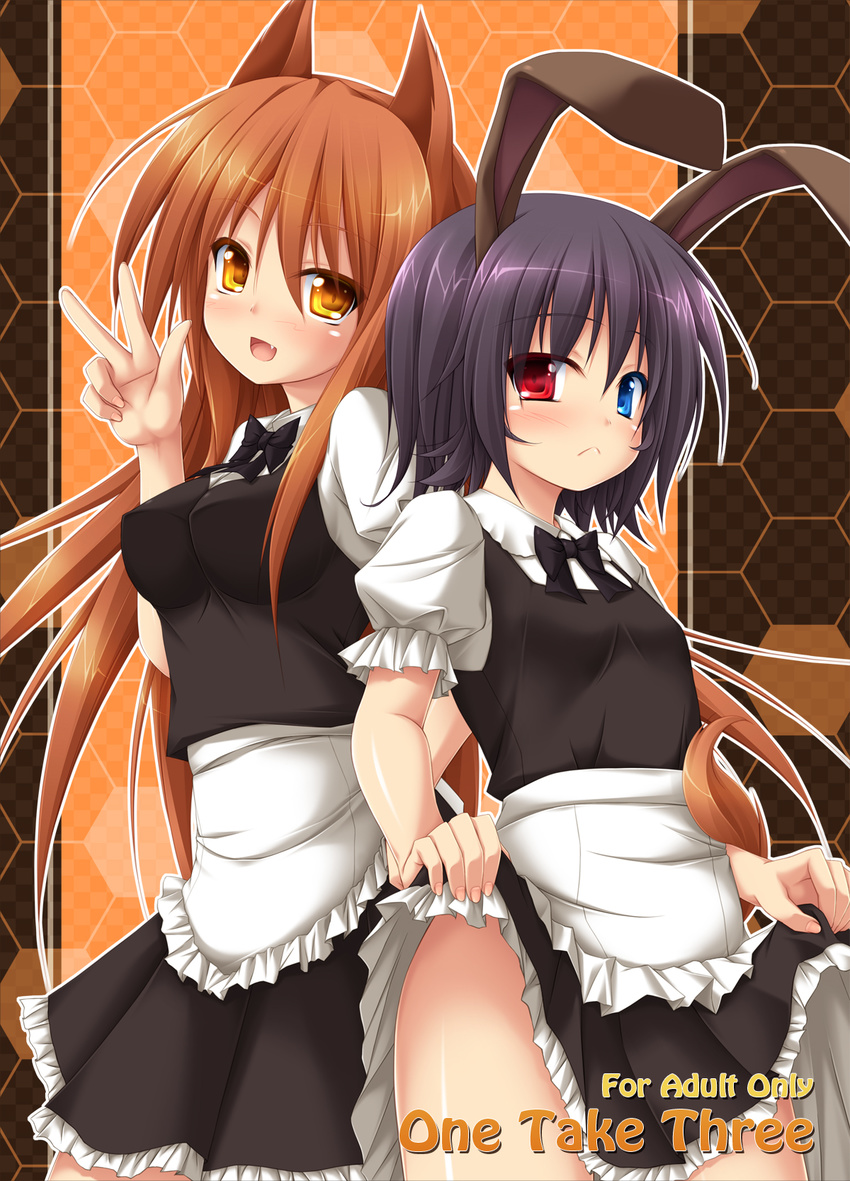animal_ears black_hair blue_eyes blush brown_hair bunny_ears checkered cover cover_page fang frown heterochromia highres impossible_clothes impossible_shirt long_hair looking_at_viewer maid mizunoe_kotaru multiple_girls nail_polish open_mouth original red_eyes shirt short_hair skirt skirt_lift v yellow_eyes