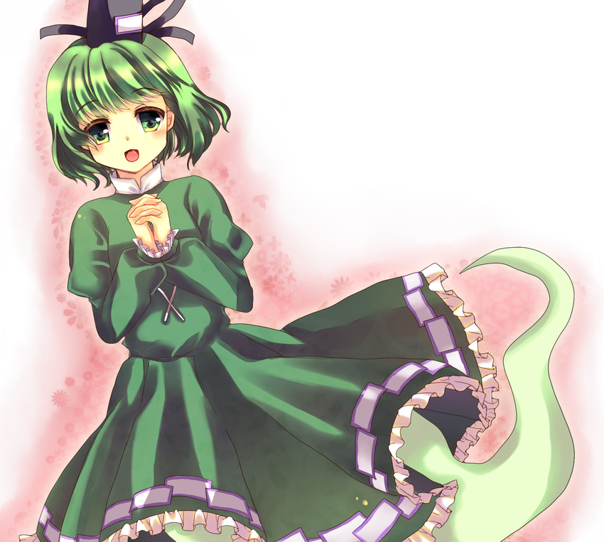 :d bad_id bad_pixiv_id dress green_dress green_eyes green_hair hands_clasped hat hatano_h highres open_mouth own_hands_together smile soga_no_tojiko solo tate_eboshi touhou