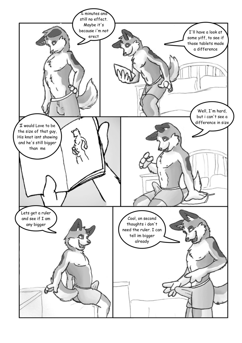 bulge canine cock_growth comic dialog dialogue english_text erection growth male mammal penis pills solo text underwear unknown_artist