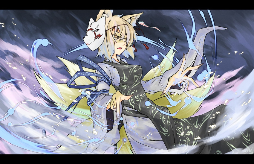 alternate_costume animal_ears blonde_hair commentary_request fingernails fox_ears fox_mask fox_tail irue letterboxed mask multiple_tails open_mouth ribbon short_hair solo tail touhou yakumo_ran yellow_eyes