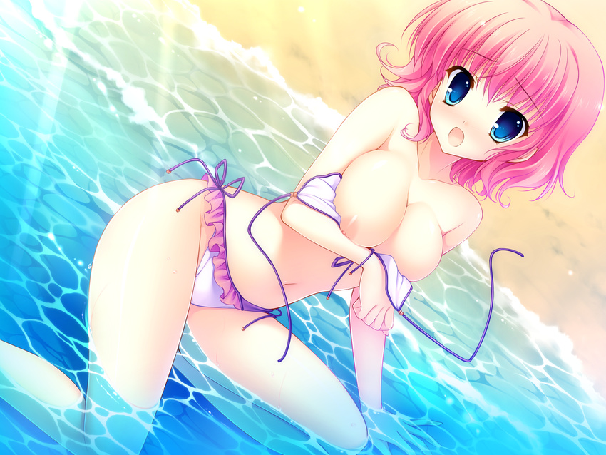 :o bare_shoulders beach bikini blue_eyes blush breast_hold breasts cleavage dutch_angle frilled_bikini frills game_cg highres himezono_risa large_breasts light_rays looking_at_viewer mitha navel nipple_slip nipples open_mouth outdoors partially_submerged pink_hair short_hair side-tie_bikini sitting solo sunbeam sunlight swimsuit untied wardrobe_malfunction water yuyukana