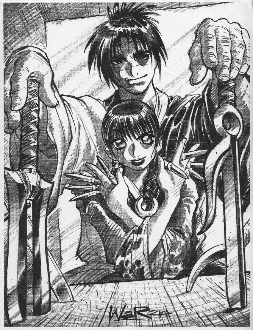 1girl adam_warren age_difference asano_rin asymmetrical_clothes black_hair blade_of_the_immortal greyscale hands height_difference highres japanese_clothes kimono knife lips manji monochrome scan scan_artifacts scar short_twintails sitting sketch table throwing_knife twintails weapon