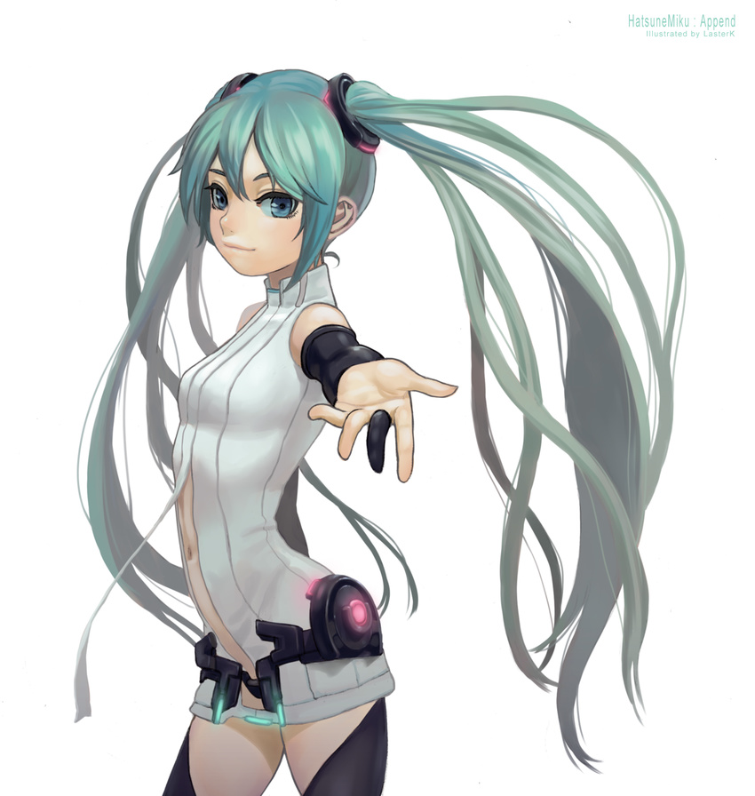 aqua_eyes bare_shoulders breasts green_hair hatsune_miku hatsune_miku_(append) highres lasterk light_smile looking_at_viewer navel outstretched_arm simple_background small_breasts solo standing twintails vocaloid vocaloid_append white_background