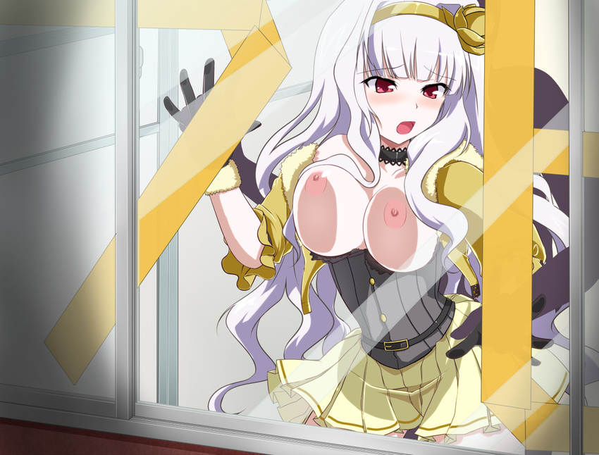 against_glass beyond_the_nobles breast_press breasts breasts_on_glass fur_trim glass gloves hairband idolmaster idolmaster_(classic) large_breasts open_mouth pink_eyes sex shijou_takane silver_hair skirt solo_focus window yatufusa1