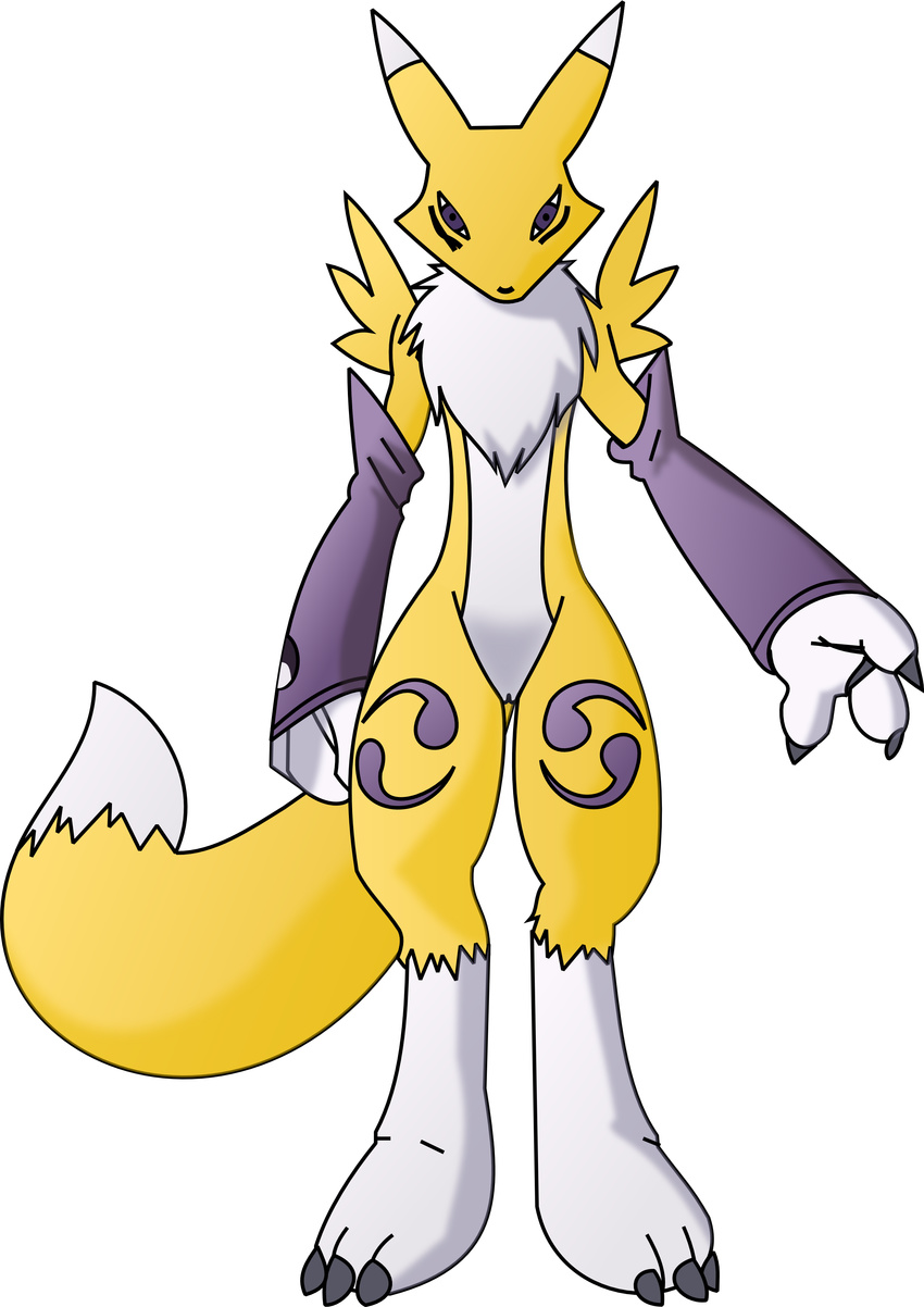 absurd_res alpha_channel bridal_gauntlets canine chest_tuft claws clothing digimon ears facial_markings female fox fur hi_res invalid_tag looking_at_viewer mammal markings nude plain_background purple_eyes pussy renakunisaki renamon sleeve solo standing transparent_background tuft vector_trace white_fur yellow_fur