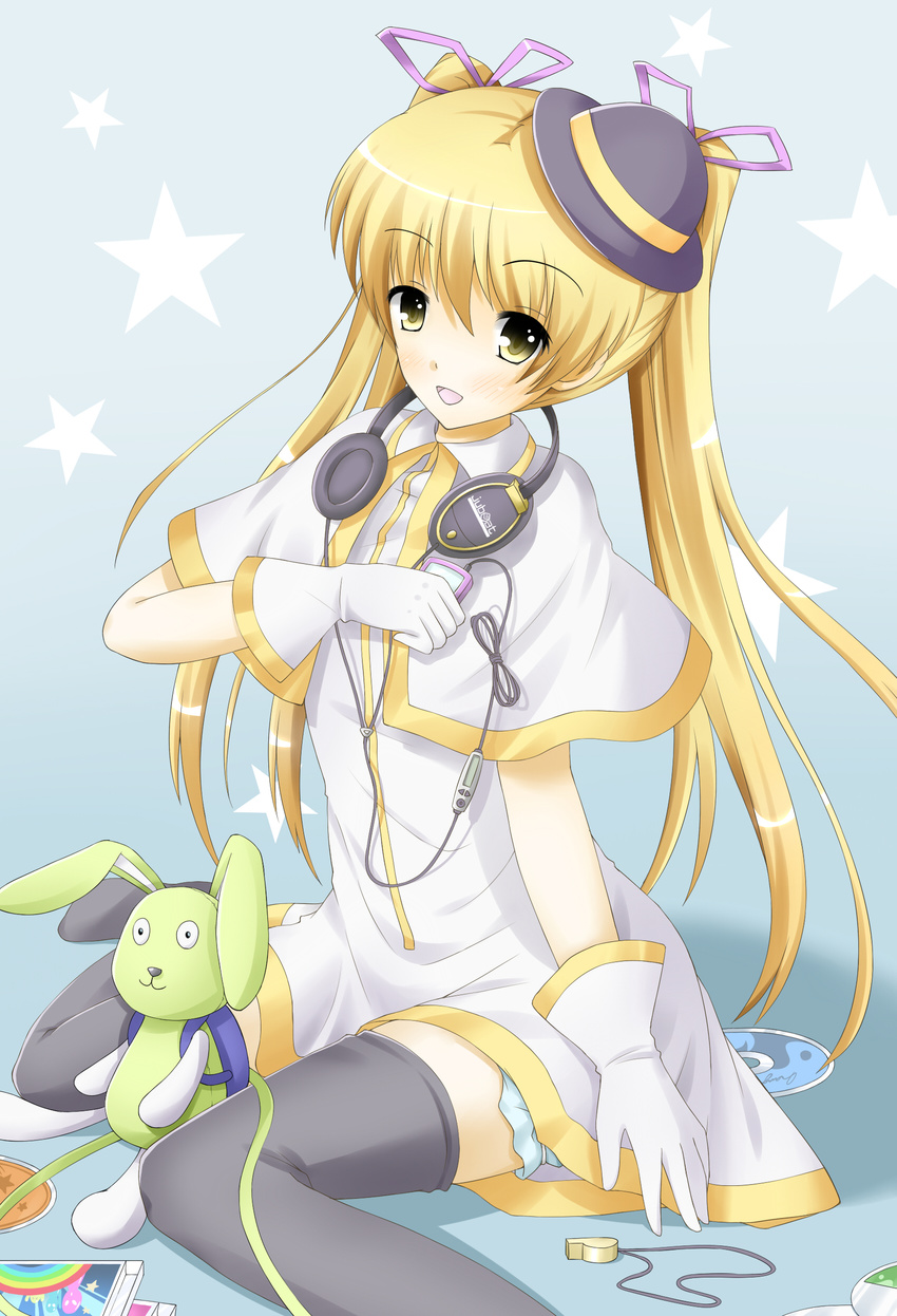 absurdres backpack bag black_legwear blonde_hair bunny cd digital_media_player gloves hair_ribbon hat headphones highres jubeat kaniko looking_at_viewer no_shoes open_mouth ribbon sitting solo star stuffed_animal stuffed_bunny stuffed_toy thighhighs twintails wahrheit_9 wariza whistle