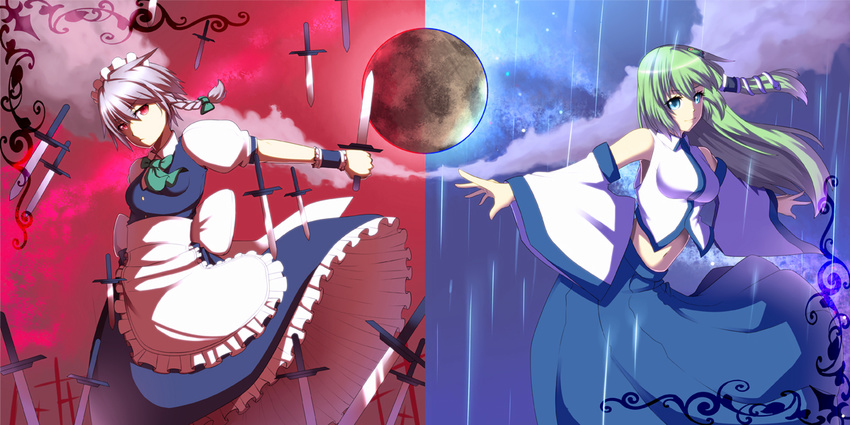cloud detached_sleeves floating floating_object full_moon izayoi_sakuya knife kochiya_sanae lauqe long_hair maid moon multiple_girls navel outstretched_arm outstretched_hand rain short_hair short_sleeves split_image symmetry touhou wide_sleeves