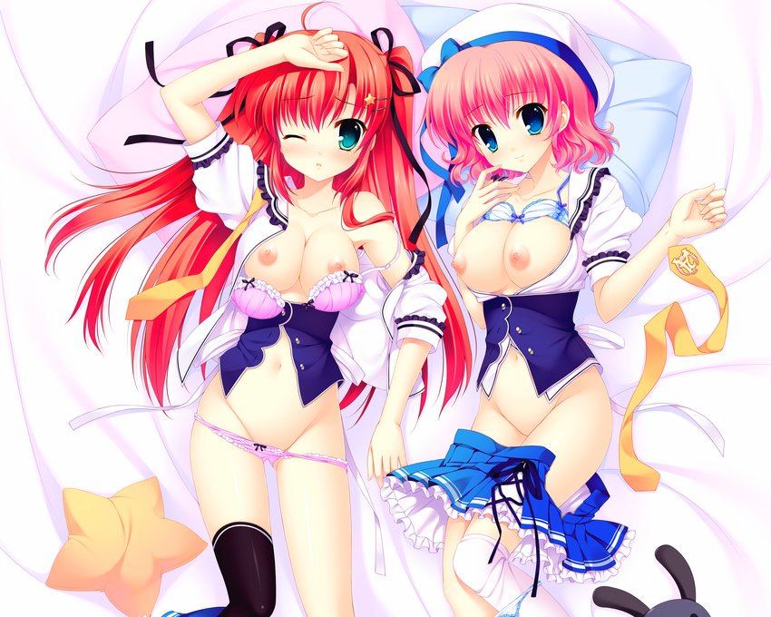 2girls bed blush bra breasts hat himezono_risa mitha nipples open_shirt panties panty_pull pink_hair red_hair seifuku takasaki_honoka thighhighs underwear yuyukana