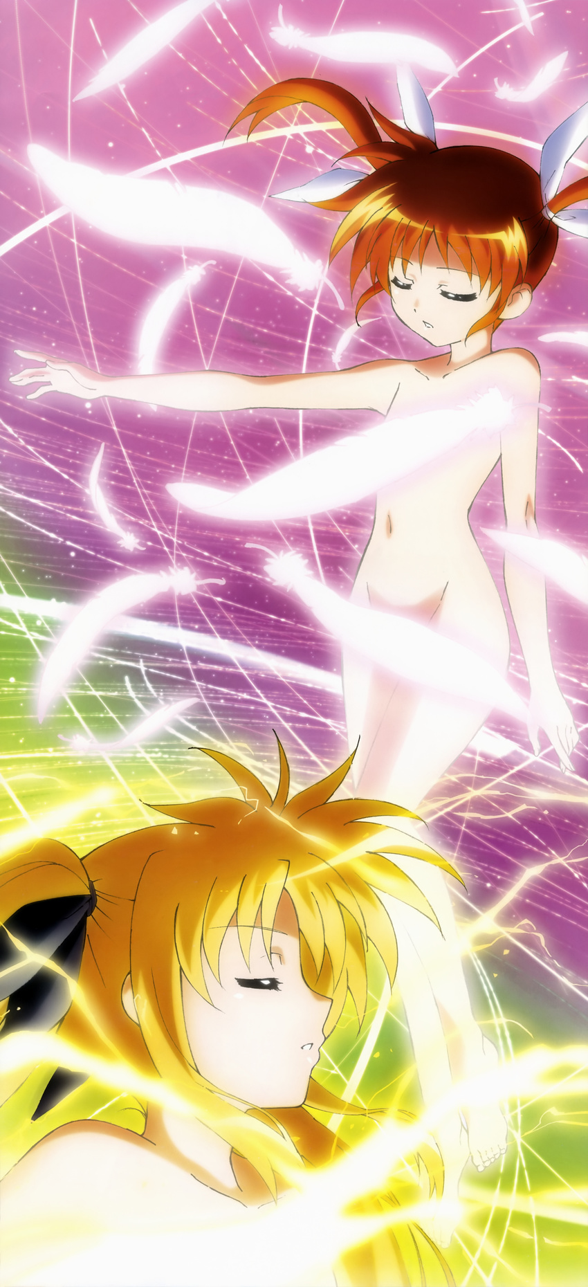absurdres blonde_hair brown_hair closed_eyes fate_testarossa feathers highres long_image lyrical_nanoha mahou_shoujo_lyrical_nanoha mahou_shoujo_lyrical_nanoha_a's mahou_shoujo_lyrical_nanoha_the_movie_2nd_a's multiple_girls non-web_source nude nyantype official_art okuda_yasuhiro short_twintails stick_poster takamachi_nanoha tall_image twintails