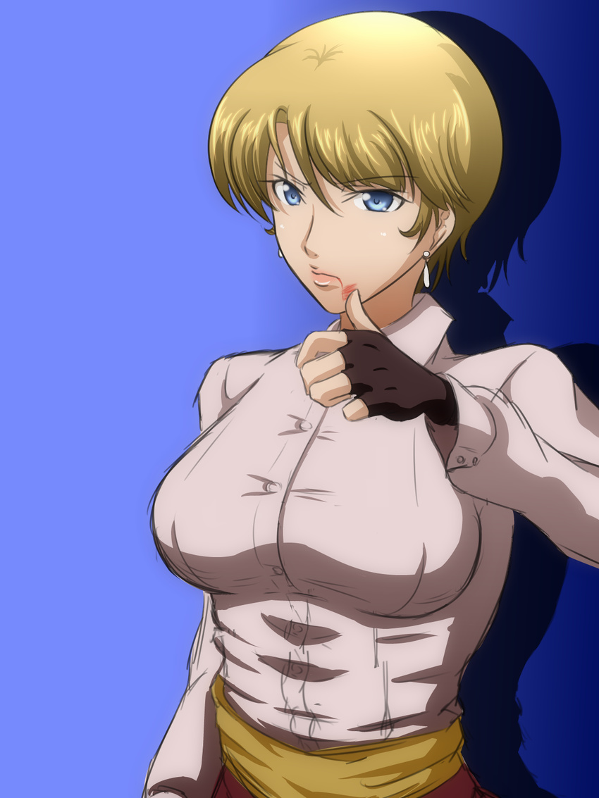 blonde_hair blood blue_eyes breasts earrings fingerless_gloves gloves highres igatto jewelry king_(snk) large_breasts ryuuko_no_ken short_hair solo the_king_of_fighters