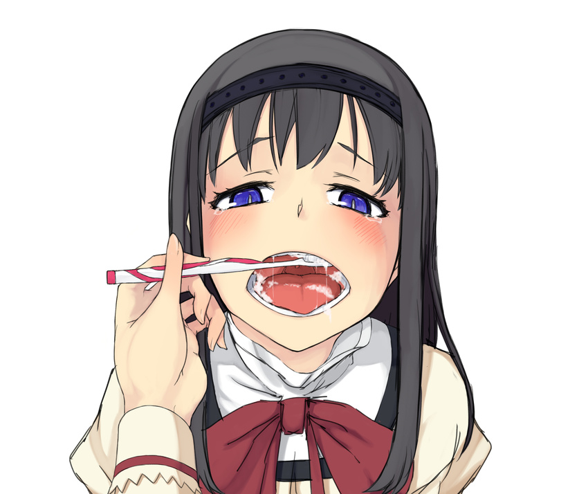 absurdres akemi_homura bad_id bad_pixiv_id black_hair blue_eyes brushing_another's_teeth brushing_teeth company_connection dennou_switch hairband highres kaname_madoka long_hair mahou_shoujo_madoka_magica monogatari_(series) multiple_girls nisemonogatari open_mouth parody pov school_uniform shaft simple_background tears toothbrush upper_body uvula