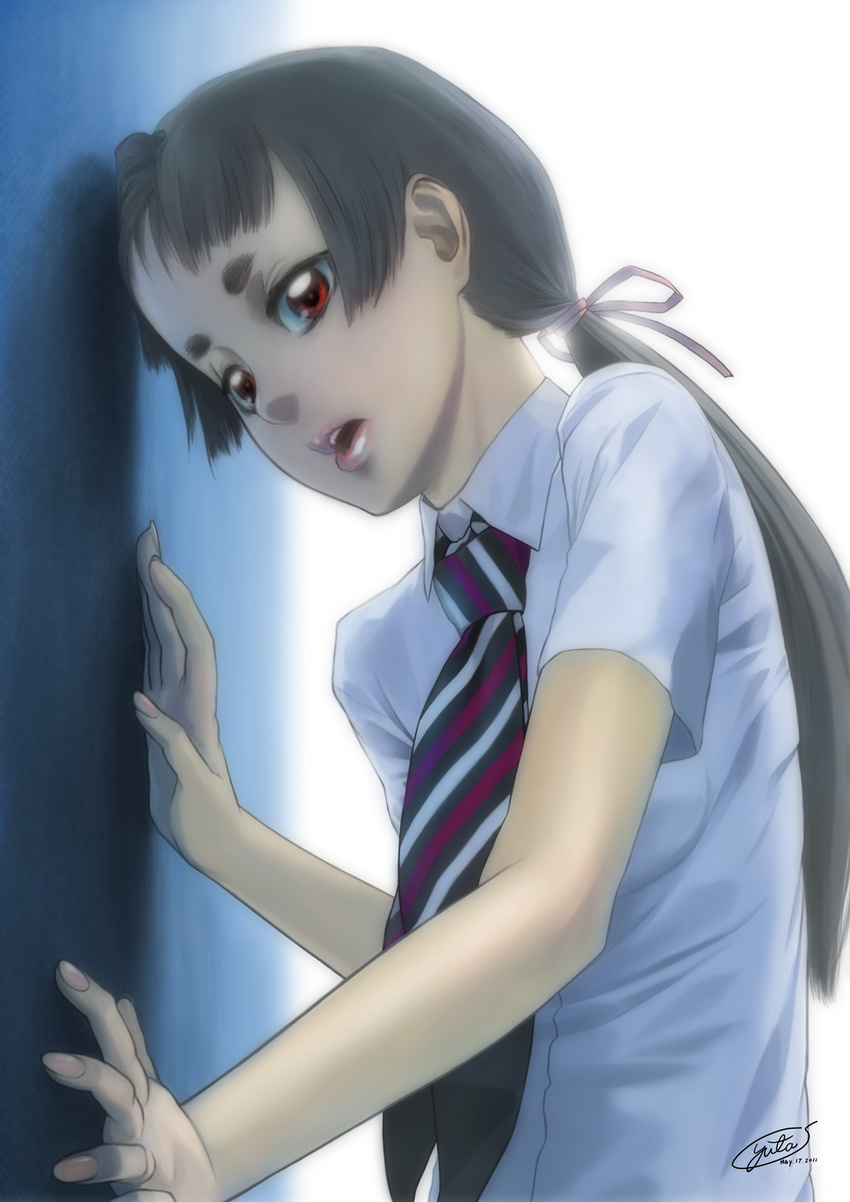 ao_no_exorcist bad_id bad_pixiv_id black_hair dated dress_shirt eyebrows hair_tie hands highres kamiki_izumo leaning lips long_hair looking_at_viewer necktie parted_lips ponytail red_eyes s-yuta school_uniform shirt short_eyebrows signature solo striped striped_neckwear